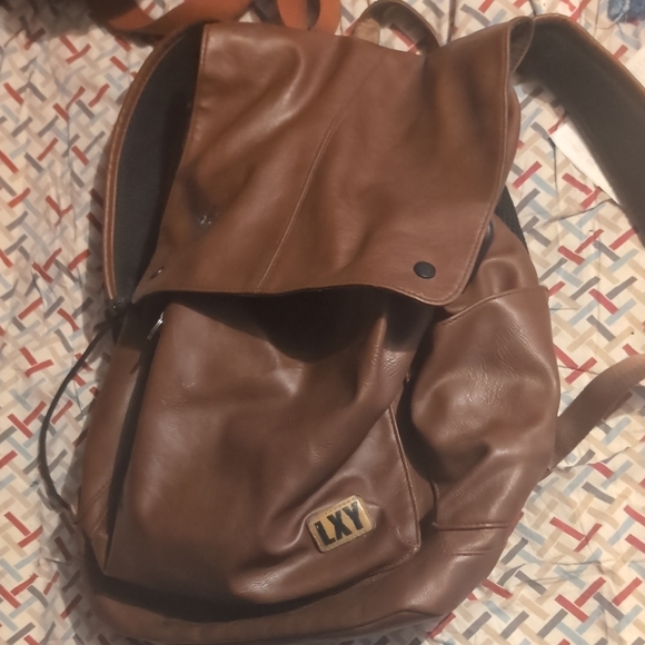 LXY Brown Leather Backpack W Drawstring - Picture 1 of 6